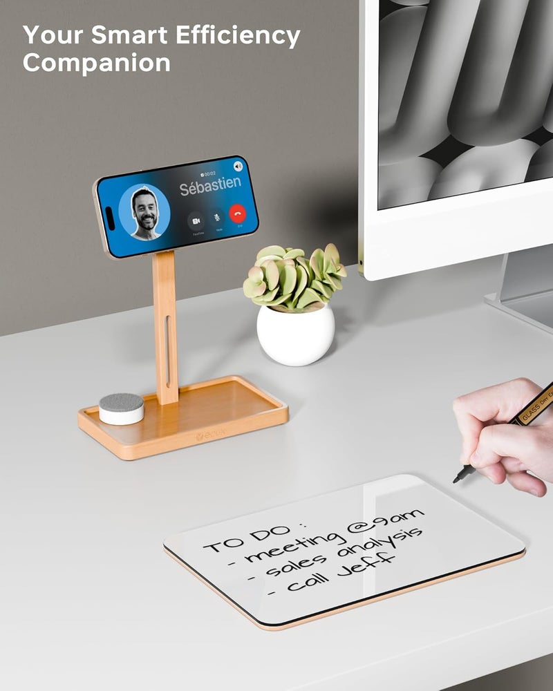 YEOUX Premium Desktop Glass Whiteboard & Magnetic Phone Stand 2-in-1 | 360° Adjustable | Solid Wood | Compatible with MagSafe, Small Dry Erase Board for Office Home Desk - Image 4